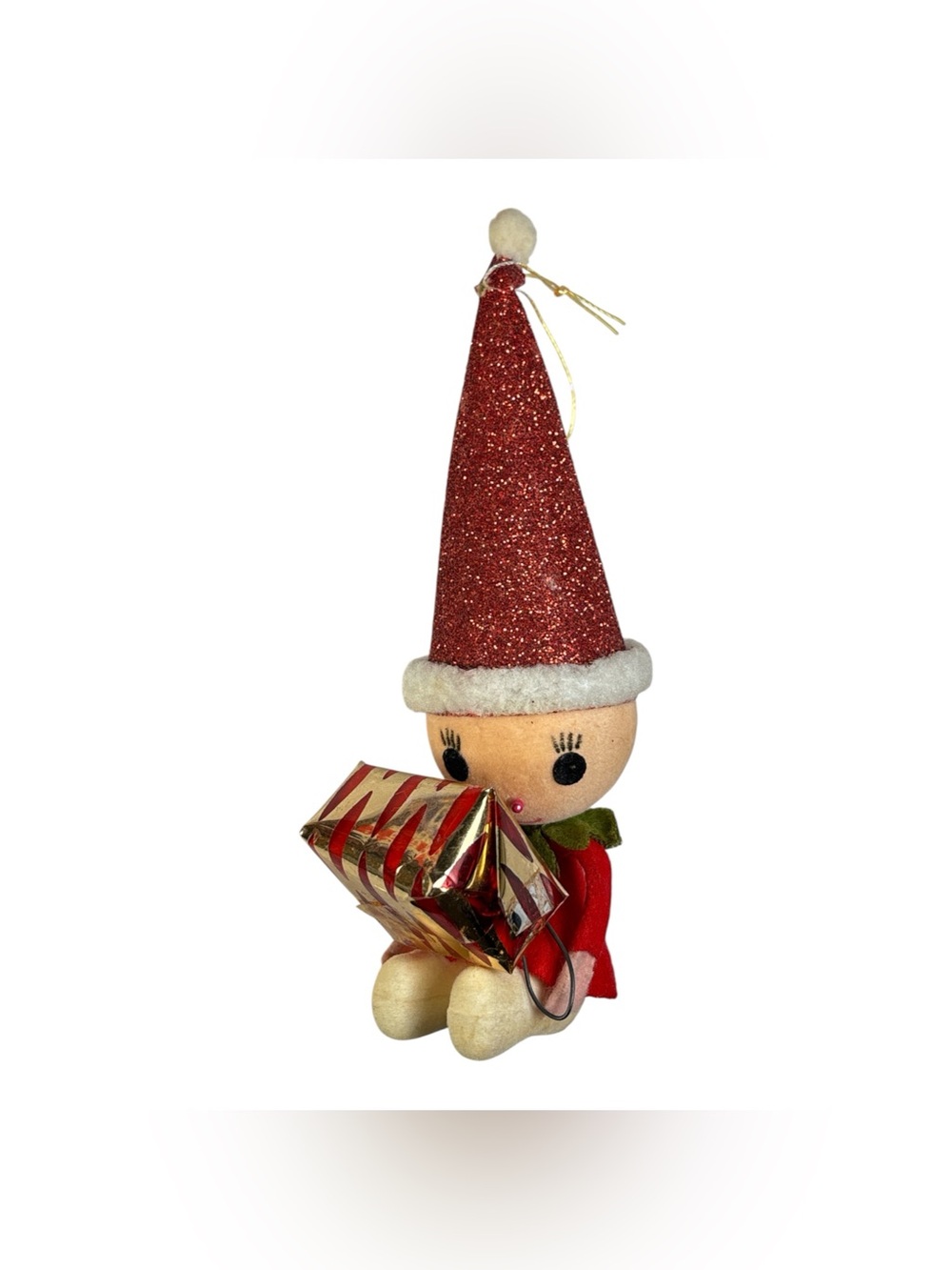Vtg 6" Flocked Plastic Elf w/ Gift Christmas Ornament Made In Japan Holiday Felt